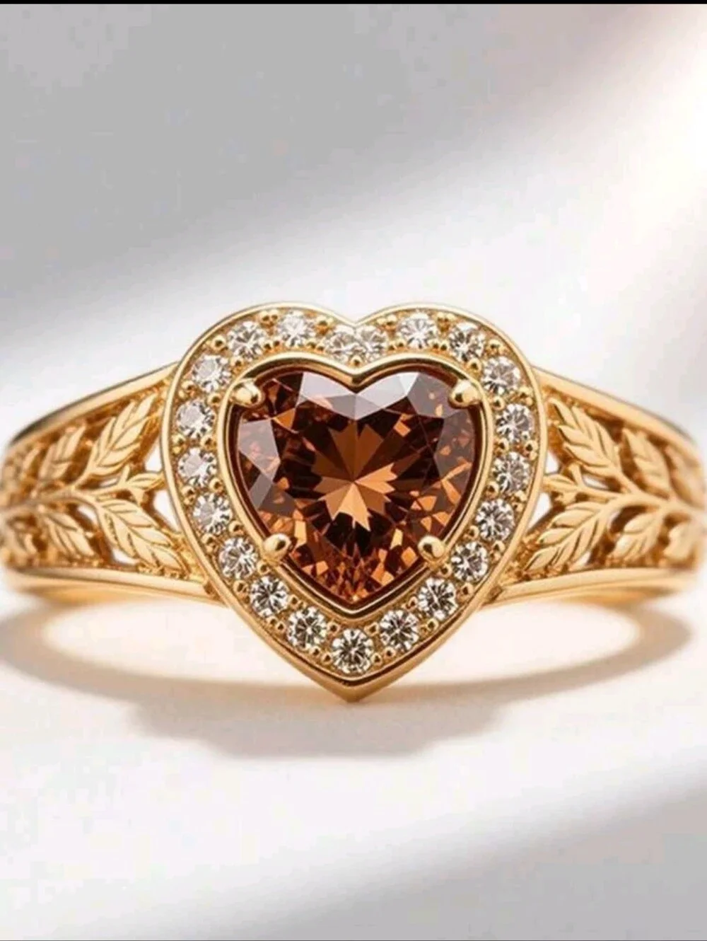 BRAND NEW ** Gold Heart Halo Ring with Brown Heart Gem